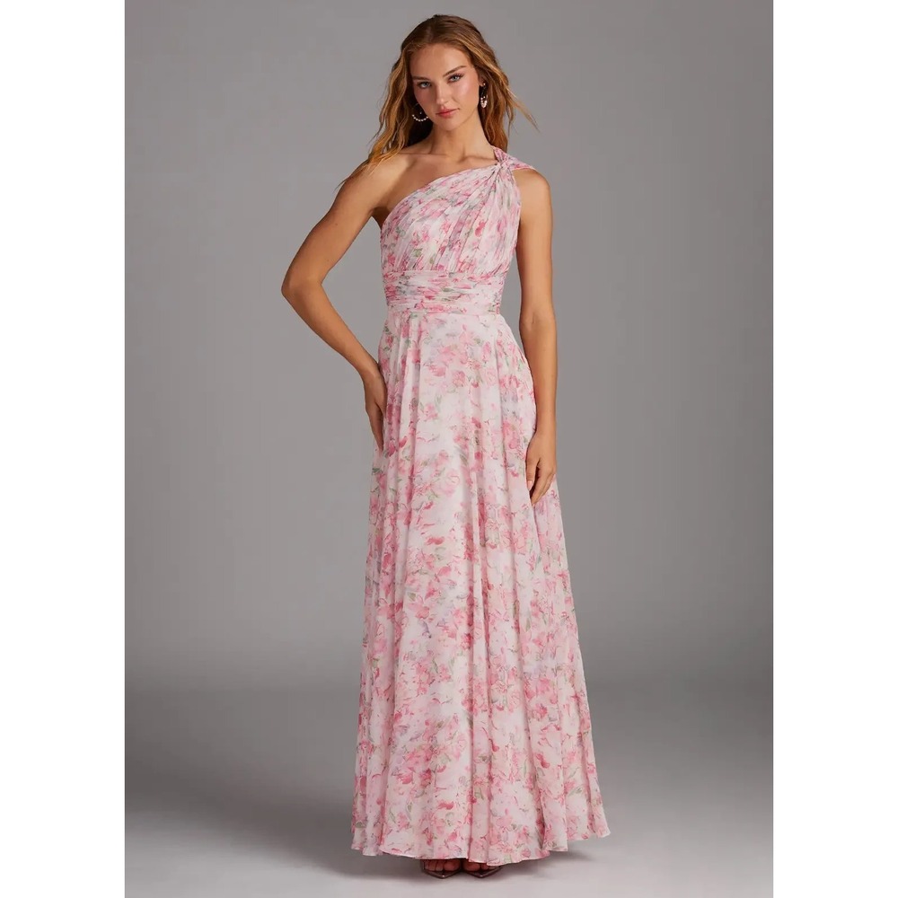 Azazie Charlize Maxi Dress Pink Floral Chiffon One Shoulder Bridesmaid Formal 8